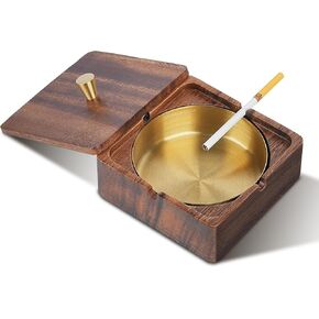 Elegant Walnut Wooden Stylish Ashtray With Lid, With Stainless Steel Lining, Windproof, Durable and Easy to Clean Ashtray, Suitable for Indoor or Outdoor, Patio, Home and Office