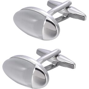 Silver Tone Cat Eye Stone Men's Cufflinks In Gift Case Oval Opal Stone Cufflinks for Men for Wedding Party Business Birthday Anniversary Dress