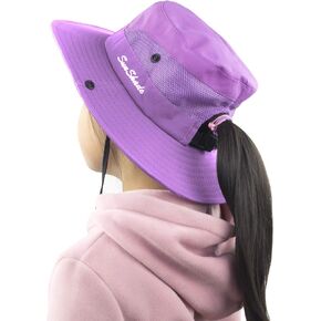 Kids Girls Ponytail Sun Hat Wide Brim UV Protection Summer Bucket Cap