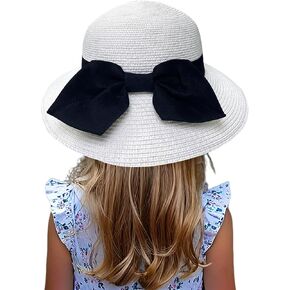 Jastore Little Kids Girls Boys Summer Straw Sun Hat Wide Brim Bowknot Floppy Beach Sun Hat