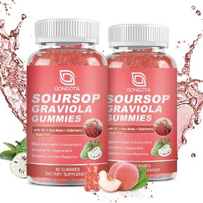 GONGOTA Soursop Graviola Gummies - 2200mg Extra Soursop Leaves Extract,Elderberry & Sea Moss & Zn, for Digestive, Immune, Antioxidant and Overall Health Support - Gluten Free, Vegan, 60 Gummies