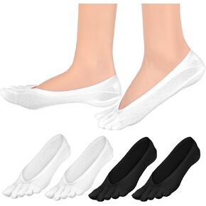 4 Pairs Orthopedic Toe Compression Socks, Toe Separator Socks for Women Soft Align Toe Socks for Bunion, Low Cut Liner Five Finger Socks for Women Size 6-9 (Black & White)