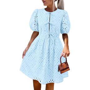 KIRUNDO Womens Summer Dresses 2025 Short Puff Sleeve Open Tie Front Eyelet Hollow Out A Line Wedding Guest Beach Sundress