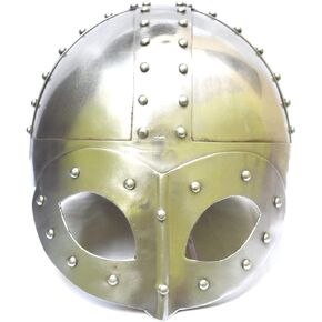Annafi® Meding Viking Mask Helmet Deluxe مع حزام بطانة وذقن | عتيقة جودة الجودة جندي هيلم البالغ للرجال | Silver Armor Helm Armor نسخة طبق الأصل من خوذات إعادة تشريع Cosplay Cosplay