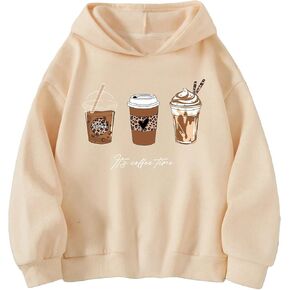 SHENHE Girl's Coffee Graphic Hoodie Drop Shoulder Hooded Sweatshirts Casual Long Sleeve Pullovers