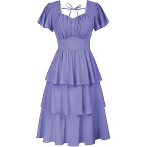 Belle Poque Women's Square Neck Dust Tier Frick 2025 Summer Vintage Short Sleeve Live A-Line Swing Midi Dress
