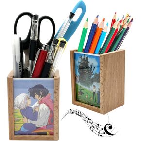 Pursuestar Solid Wood Mini Photo Frame Pen Holder Wind Up Music Box for Desk, Pencil Cup Makeup Brush Holders Musical Gift for Christmas/Birthday/Valentine's Day -Howlmoving Castle