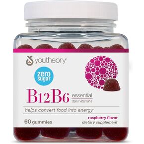 youtheory B12B6 - Vegan Vitamin B6 & Vitamin B12 - يقدم صحة الدماغ ، والطاقة والمناعة* - الألبان ، فول الصويا والغلوتين - 60 غوما