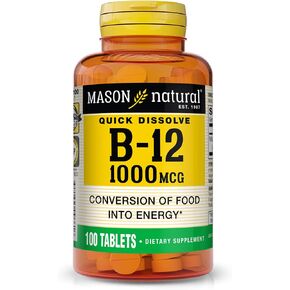 Mason Natural Vitamin B12 1000 MCG ، أقراص سريعة الذوبان اللسان ، والطاقة ، ودعم خلايا الدم والأعصاب ، والامتصاص السريع B ، ملحق معقد ، 100 قرص
