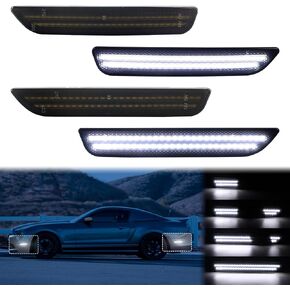 Dynamic Sequential White LED Side Marker Lights for Ford Mustang 2010 2011 2012 2013 2014 Front Rear Bumper Reflector Indicator Assembly, Smoked Lens