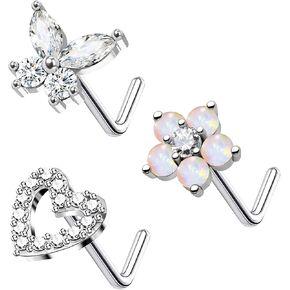 20g 3pcs أنف رنين الأزرار 316l قلب أنف أنف ترصيع الفراشة والأنف الزهرة stud الفولاذ الفولاذ CZ على شكل حرف L