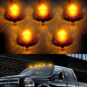 Amber LED Cab Lights Marker Top Roof Running Light 5PC Smoked Len 5-LED Bulbs Aftermarket Replacement for Ford F150 F250 F350 Dodge Ram Jeep SUV Trucks 4X4 ATV Offroad (DK008-Y)