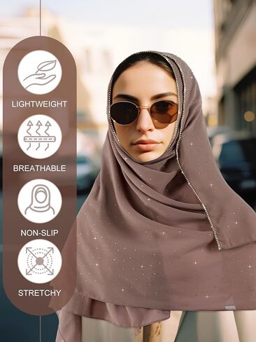 Geyoga Hijab Scarf for Women Soft Chiffon Rhinestone Long Scarf Shawl Fashion Muslim Hijab Head Wrap Scarves in Saudi Arabia