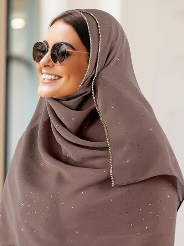 Geyoga Hijab Scarf for Women Soft Chiffon Rhinestone Long Scarf Shawl Fashion Muslim Hijab Head Wrap Scarves in Saudi Arabia