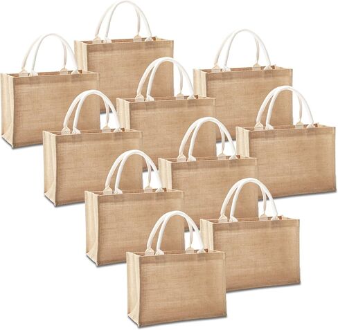 Jute Travel Tote Bags, Set of 10 Burlap Bags, Medium 14.5" x 6.7" x 10.2", Reusable Bag for Party, Wedding, Beach, Bridesmaid in Saudi Arabia