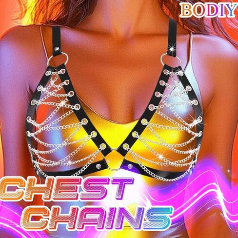 BODIY Black Leather Chest Chain Bra Punk Layered Chest Jewelry Tassel Body Accessories for Women in Saudi Arabia