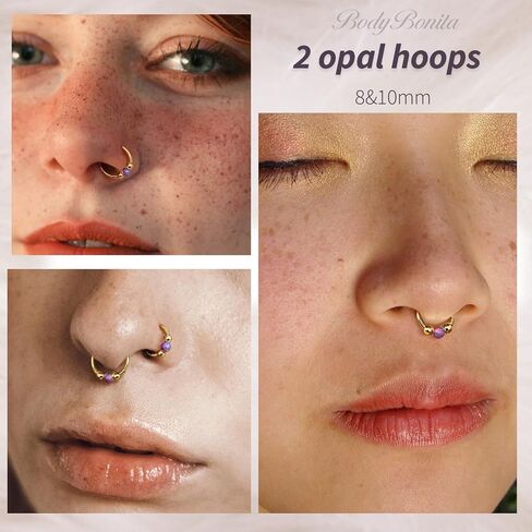 BodyBonita 2Pcs 16G 18G Opal Nose Rings Hoops - 316L Surgical Steel Septum Nose Rings for Women Conch Piercing Jewelry Daith Helix in Saudi Arabia