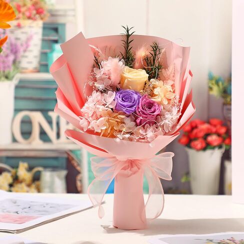 Preserved Flowers Bouquet Graduation Flowers Bouquet Gift Forever Natural Real Roses Gifts for Teacher Student Birthday Anniversary Wedding Home Decor(Light Pink,Stylish) in Saudi Arabia