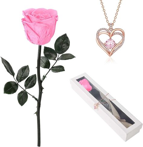 Preserved Rose Flower with Necklace, Real Flowers for Delivery Prime, Single Eternal Red Rose Flower Gifts for Women, Birthday, Anniversary Valentines Gifts Wife Her Mom (Pink) in Saudi Arabia