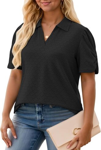 VISLILY Womens-Plus-Size-Summer-Tops Polo V Neck T Shirts Puff Short Sleeve Lapel Collared Work Blouses Eyelet Tunics XL-5XL in Saudi Arabia