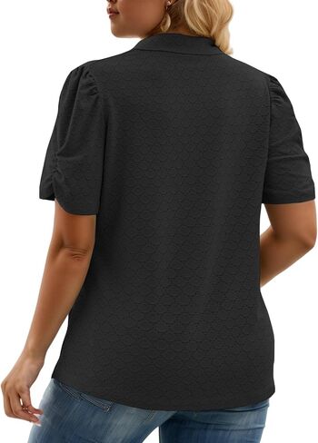 VISLILY Womens-Plus-Size-Summer-Tops Polo V Neck T Shirts Puff Short Sleeve Lapel Collared Work Blouses Eyelet Tunics XL-5XL in Saudi Arabia