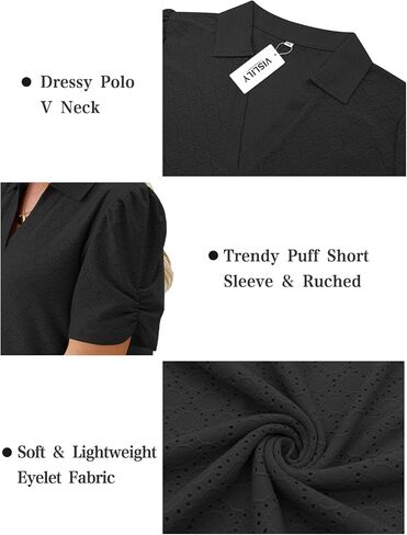 VISLILY Womens-Plus-Size-Summer-Tops Polo V Neck T Shirts Puff Short Sleeve Lapel Collared Work Blouses Eyelet Tunics XL-5XL in Saudi Arabia