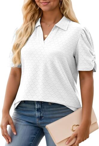 VISLILY Womens-Plus-Size-Summer-Tops Polo V Neck T Shirts Puff Short Sleeve Lapel Collared Work Blouses Eyelet Tunics XL-5XL in Saudi Arabia