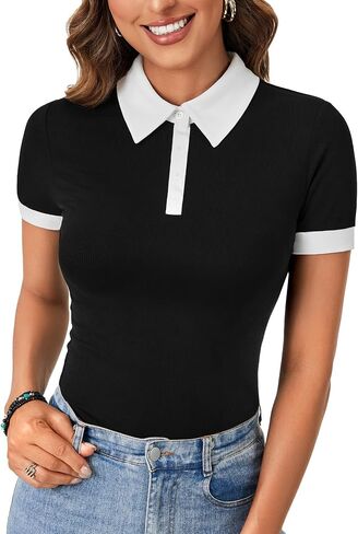 Lyaner Women’s V Neck Summer عمل عارض أعلى قميص متماسك قميص قصير الأكمام قميص رفيع النحافة in Kuwait