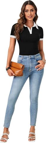Lyaner Women’s V Neck Summer عمل عارض أعلى قميص متماسك قميص قصير الأكمام قميص رفيع النحافة in Kuwait