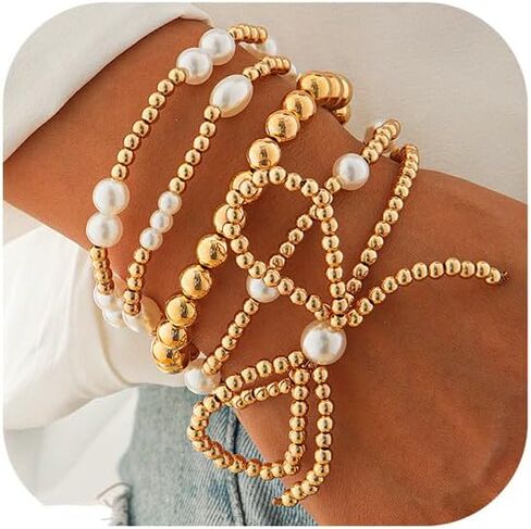 Gold Bow Bracelet Set for Women Gold Bow Beaded Bracelets Cubic Zirconia Stackable Charm Stretch Bead Bracelets Pearl Bracelets Link Layered Statement Jewelry in Kuwait