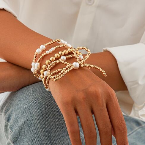 Gold Bow Bracelet Set for Women Gold Bow Beaded Bracelets Cubic Zirconia Stackable Charm Stretch Bead Bracelets Pearl Bracelets Link Layered Statement Jewelry in Kuwait