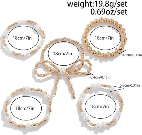 Gold Bow Bracelet Set for Women Gold Bow Beaded Bracelets Cubic Zirconia Stackable Charm Stretch Bead Bracelets Pearl Bracelets Link Layered Statement Jewelry in Kuwait