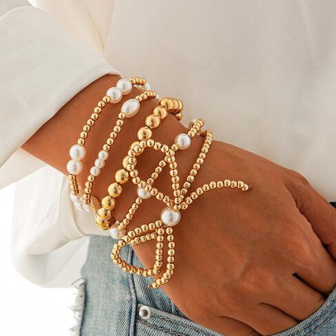 Gold Bow Bracelet Set for Women Gold Bow Beaded Bracelets Cubic Zirconia Stackable Charm Stretch Bead Bracelets Pearl Bracelets Link Layered Statement Jewelry in Kuwait