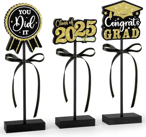2025 Graduation Table Decorations Wooden Sign, 3Pcs Black and Gold Graduation Tiered Tray Decor, Shiny Class of 2025 Sign (Black) in Saudi Arabia