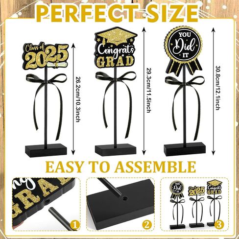 2025 Graduation Table Decorations Wooden Sign, 3Pcs Black and Gold Graduation Tiered Tray Decor, Shiny Class of 2025 Sign (Black) in Saudi Arabia