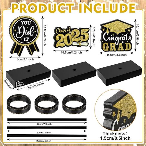 2025 Graduation Table Decorations Wooden Sign, 3Pcs Black and Gold Graduation Tiered Tray Decor, Shiny Class of 2025 Sign (Black) in Saudi Arabia