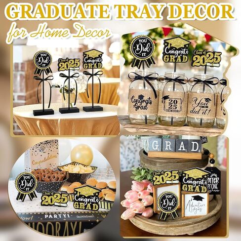 2025 Graduation Table Decorations Wooden Sign, 3Pcs Black and Gold Graduation Tiered Tray Decor, Shiny Class of 2025 Sign (Black) in Saudi Arabia