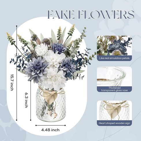 Der Rose Fake Flowers in Vase Silk Artificial Navy Blue Flowers Arrangements with Glass Vase for Dinning Coffee Table Centerpieces Home Kitchen Farmhouse Wedding Decor in Saudi Arabia