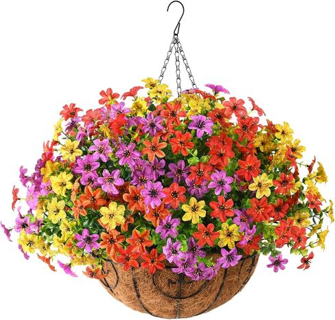 INQCMY Artificial Faux Hanging Flowers Plants Basket for Outdoor Spring Decoration,Fake Silk Colorful Daisy in Planter UV Resistant Realistic for Outside Home Porch Patio Yard Balcony Decor in Saudi Arabia