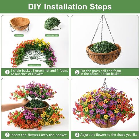 INQCMY Artificial Faux Hanging Flowers Plants Basket for Outdoor Spring Decoration,Fake Silk Colorful Daisy in Planter UV Resistant Realistic for Outside Home Porch Patio Yard Balcony Decor in Saudi Arabia