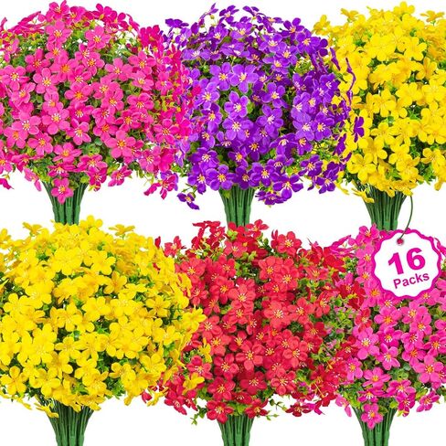 16 Bundles Artificial Flowers for Outdoors Decoration Fake Silk Flowers UV Resistant Faux Plastic Plants for Spring Summer Garden Yard Porch Window Box Home Indoor Outdoor Decor, Mixed in Kuwait