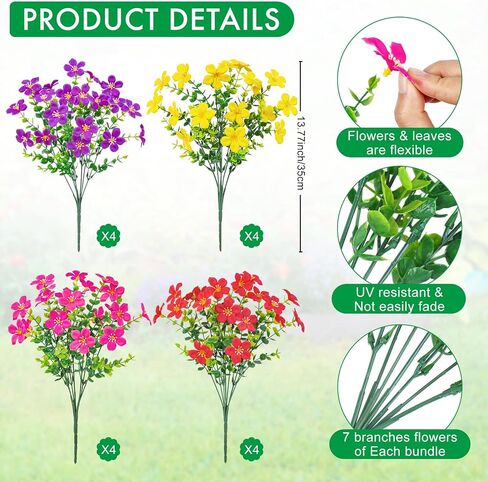 16 Bundles Artificial Flowers for Outdoors Decoration Fake Silk Flowers UV Resistant Faux Plastic Plants for Spring Summer Garden Yard Porch Window Box Home Indoor Outdoor Decor, Mixed in Kuwait