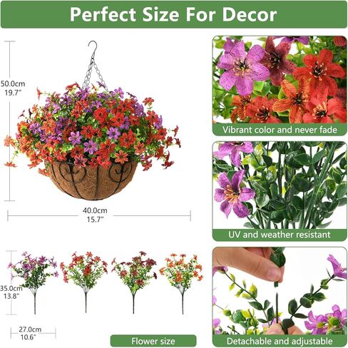 Inqcmy Faux Faux Hanging Flower Plants سلة لزينة الربيع في الهواء الطلق ، حرير مزيف ملون في زارع الأشعة فوق البنفسجية واقعيًا مقاومًا خارج المنزل الشرفة الشرفة خارج المنزل in Kuwait
