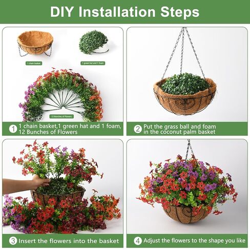 Inqcmy Faux Faux Hanging Flower Plants سلة لزينة الربيع في الهواء الطلق ، حرير مزيف ملون في زارع الأشعة فوق البنفسجية واقعيًا مقاومًا خارج المنزل الشرفة الشرفة خارج المنزل in Kuwait