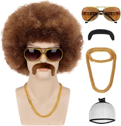 70s Afro Wig for Men with Glasses Chain and Mustache Mens Costume Disco Wig Short Curly Natural Black Hair Fluffy for Party Halloween Hippies Rocker（Natural Black） in Saudi Arabia