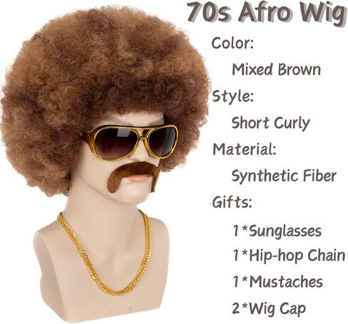 70s Afro Wig for Men with Glasses Chain and Mustache Mens Costume Disco Wig Short Curly Natural Black Hair Fluffy for Party Halloween Hippies Rocker（Natural Black） in Saudi Arabia