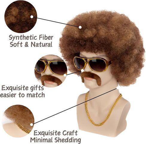 70s Afro Wig for Men with Glasses Chain and Mustache Mens Costume Disco Wig Short Curly Natural Black Hair Fluffy for Party Halloween Hippies Rocker（Natural Black） in Saudi Arabia