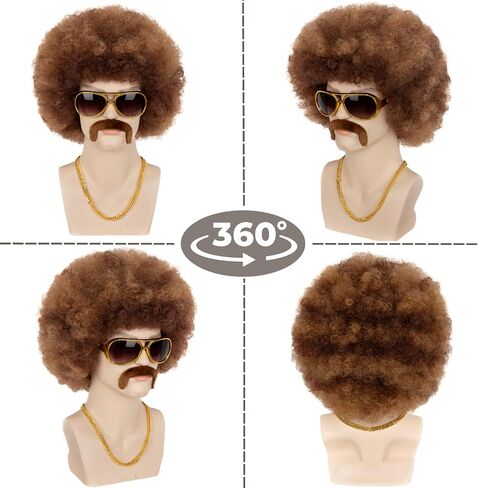 70s Afro Wig for Men with Glasses Chain and Mustache Mens Costume Disco Wig Short Curly Natural Black Hair Fluffy for Party Halloween Hippies Rocker（Natural Black） in Saudi Arabia
