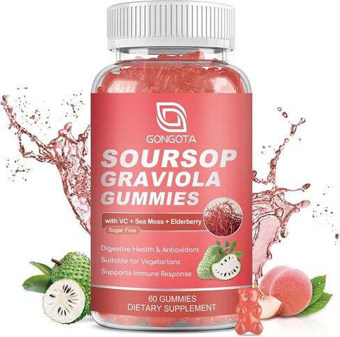 Gongota Soursop Graviola Gummies - 2200mg extra soursop أوراق الخلاصة ، والكبار العشوائي والطحلي البحري ، والهضم ، والمناعة ، ومضادات الأكسدة ، والدعم الصحي العام - خالٍ من الغلوتين ، نباتي ، 60 جنة. in Kuwait