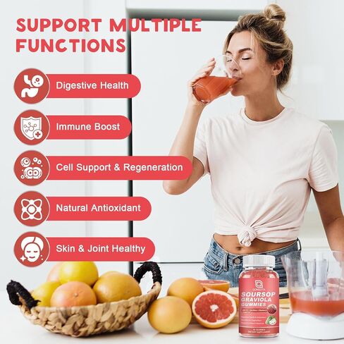 Gongota Soursop Graviola Gummies - 2200mg extra soursop أوراق الخلاصة ، والكبار العشوائي والطحلي البحري ، والهضم ، والمناعة ، ومضادات الأكسدة ، والدعم الصحي العام - خالٍ من الغلوتين ، نباتي ، 60 جنة. in Kuwait